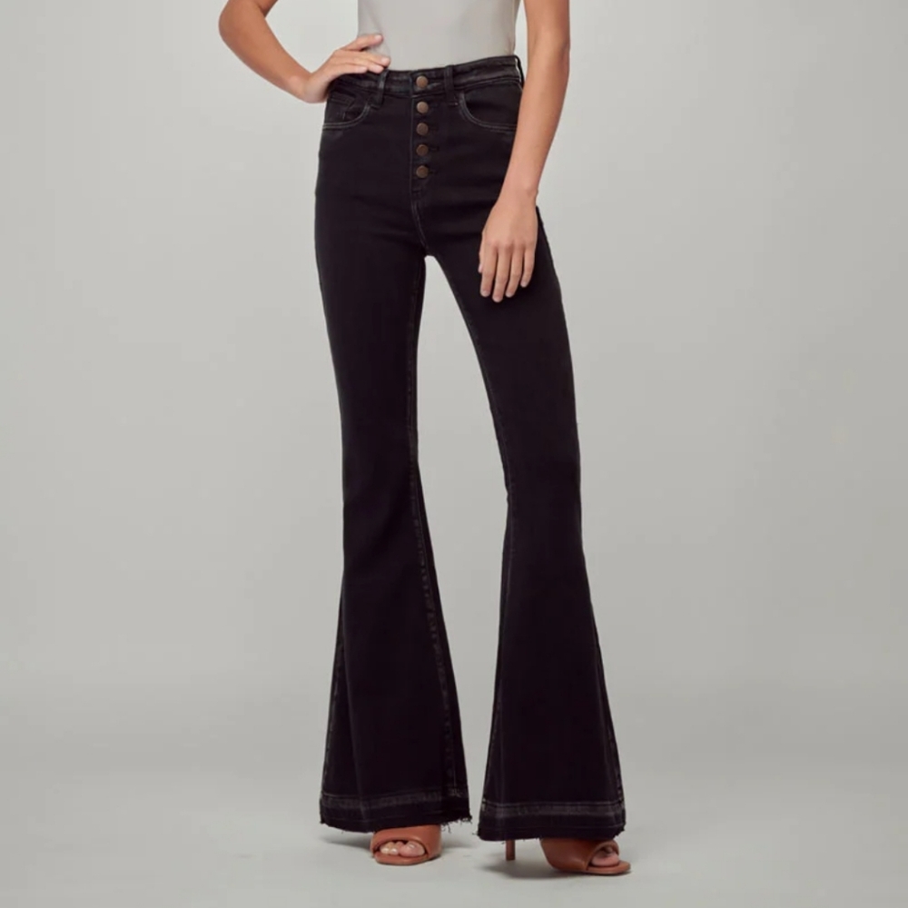 Nature Denim Jordan High Rise Flare Jeans Black Raw Hem Button Fly Jeans
